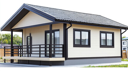 modern prefabricated house with porch and large windows