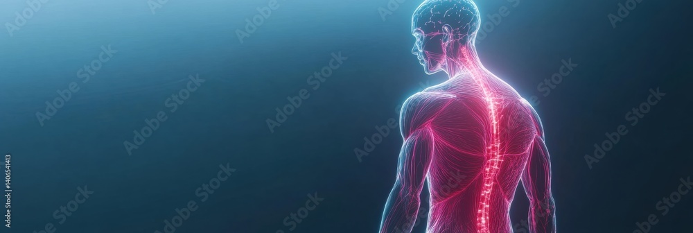 Poster futuristic anatomical visualization of a translucent human silhouette with a glowing muscle system