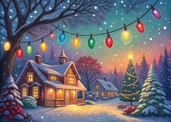 Naklejka premium A charming snow-covered cottage glows warmly under a starlit sky, Christmas lights twinkling festively on a snowy winter's eve, creating a magical holiday scene.