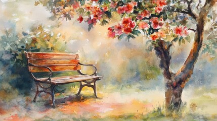 Watercolor painting of a park bench beneath a flowering tree.