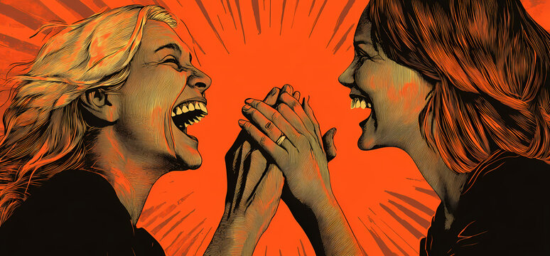 Joyful women laughing, hands clasped, orange background.  Friendship, celebration concept