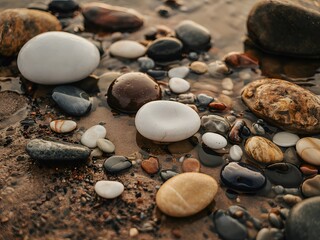 Smooth wet pebbles on sandy beach
