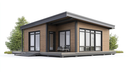 Fototapeta premium Modern prefabricated house with wooden exterior and large windows