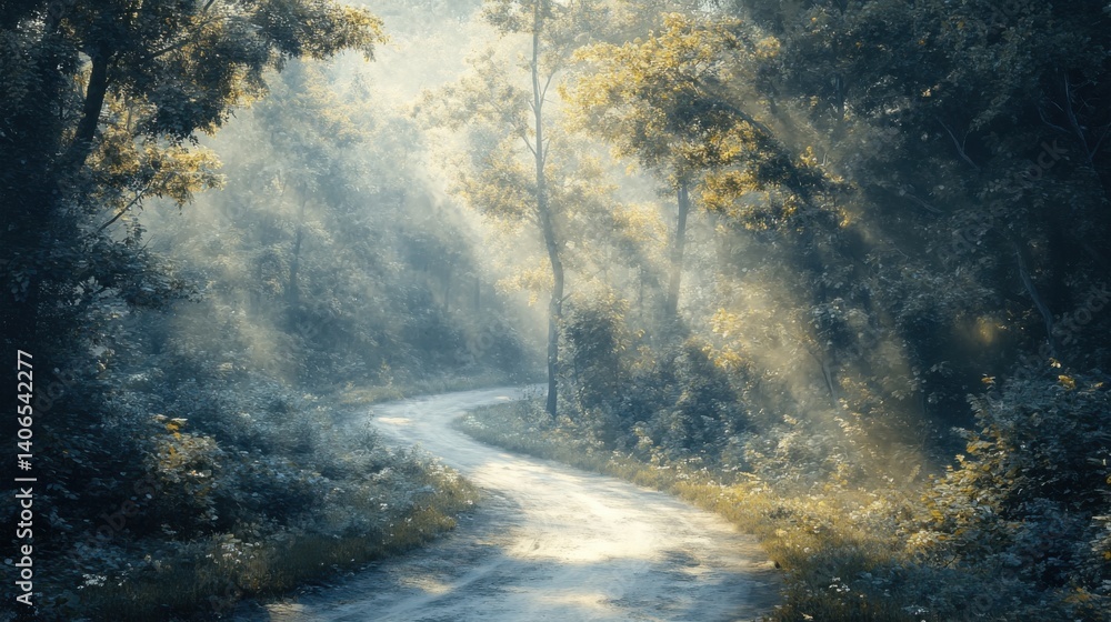 Aufkleber a serene, sunlit forest path winds through lush greenery, with soft light filtering through the tree