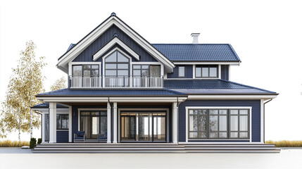 Fototapeta premium Modern blue house with large windows and porch, surrounded by trees