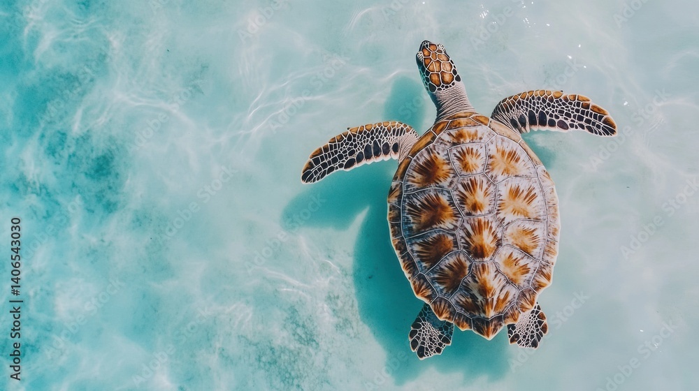 Poster Top view of a turtle with a unique patterned shell swimming in clear water against a minimalist background
