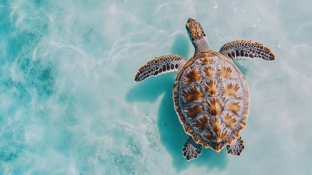 Top view of a turtle with a unique patterned shell swimming in clear water against a minimalist background