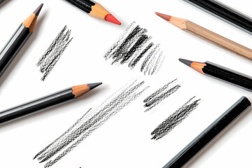 Colored pencils sketching on white paper. Art supplies, creative process