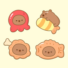 Vector cartoon illustration of food cute capybara bear sticker set Concept Isolated Flat