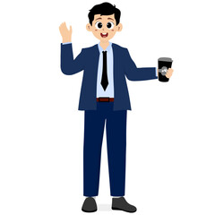 Businessman holding coffee, business activities. Man in suit with smile, full body photo