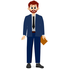 Businessman holding book,  business activities. Man in suit with smile, full body photo