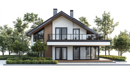 Modern two story house with large windows and balcony surrounded by trees