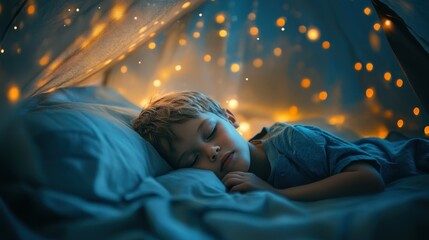 A peaceful scene of a sleeping child surrounded by soft bedding and twinkling lights, evoking warmth and tranquility.