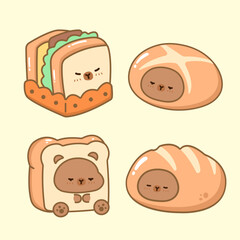 Vector cartoon illustration of food cute capybara bear sticker set Concept Isolated Flat