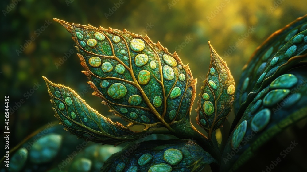 Poster close-up of vibrant green leaves adorned with droplets, showcasing intricate patterns and textures i