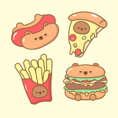 Vector cartoon illustration of food cute capybara bear sticker set Concept Isolated Flat