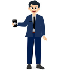 Businessman holding coffee, business activities. Man in suit with smile, full body photo