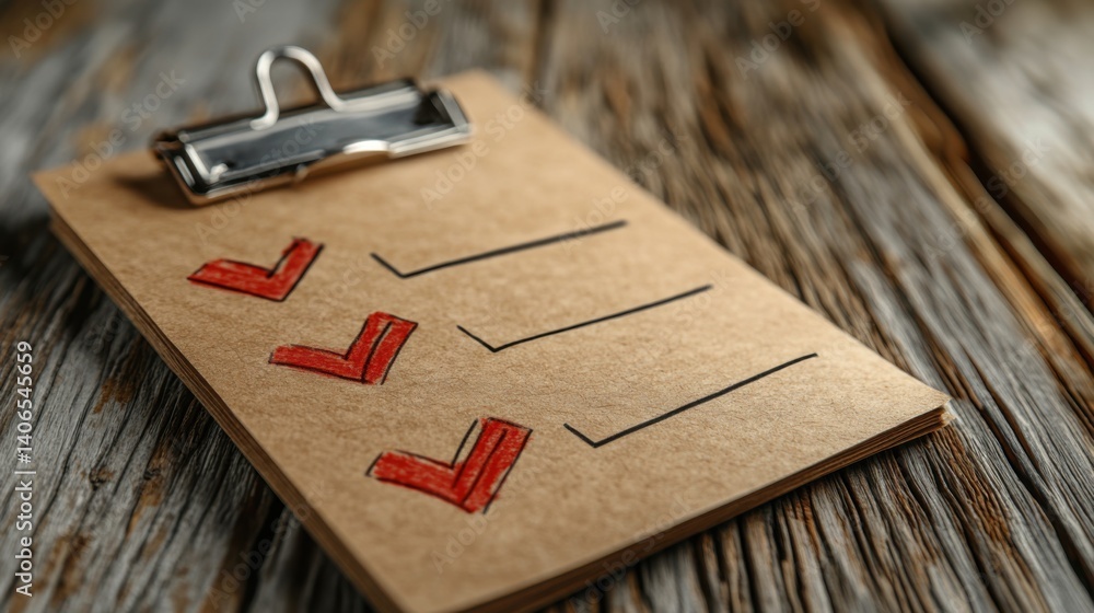 Poster a close-up of a clipboard with a checklist, featuring red checkmarks and empty lines, resting on a t