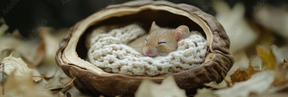 Poster Tiny mouse peacefully sleeping in a walnut shell bed with a soft blanket in a fairy tale inspired forest setting during autumn