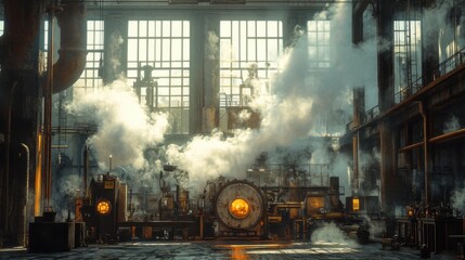 A detailed industrial scene with machinery and steam, illuminated by sunlight filtering through large windows.