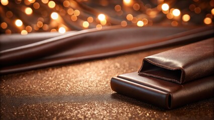 Luxurious Brown Leather Goods Resting on Shimmering Surface with Warm Festive Lighting
