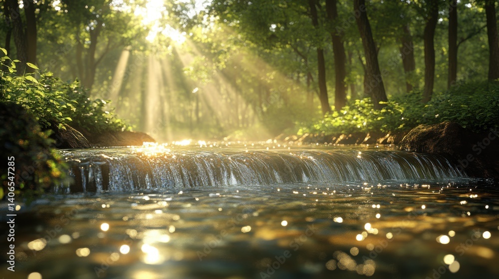 Poster a serene forest scene with sunlight streaming through trees, illuminating a gentle stream and creati