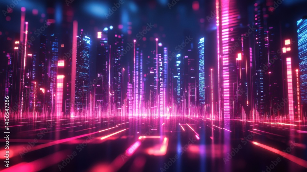Poster a futuristic cityscape with vibrant neon lights and towering structures, creating a digital and high