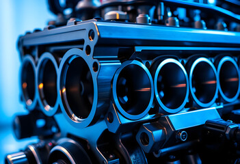 close up of a blue engine block