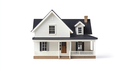 White house model with black roof and porch, showcasing classic architecture