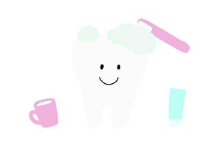 歯磨き：歯・歯ブラシ・コップ：健康で元気な歯のイラスト・ピンク