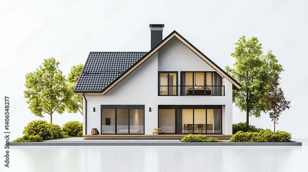 Poster modern house with large windows and trees, creating serene atmosphere