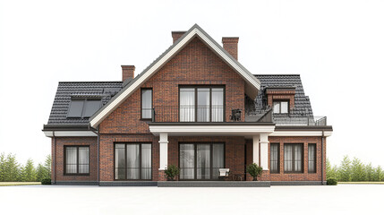 Brick house with modern design and large windows, surrounded by greenery