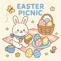 Easter is joyful day filled with colorful eggs and delightful picnics. cute bunny enjoys sandwich and strawberries while surrounded by decorated eggs and flowers
