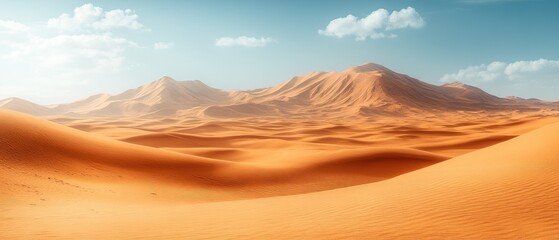 Naklejka premium Sweeping sand dunes stretch toward horizon under a blue sky. Ripples & peaks create the textured scenery