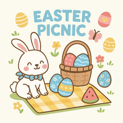 Easter is joyful day filled with colorful eggs and cute bunny enjoying delightful picnic surrounded by flowers and cheerful decorations