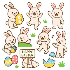 Cute bunnies celebrate Easter day with joy and playfulness. They hold colorful eggs and share smiles while spreading happiness during this festive occasion