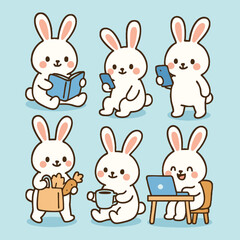 Cute bunnies engage in various activities like reading, using phone, and enjoying drink on cheerful day. These adorable characters bring joy and warmth to any Easter celebration