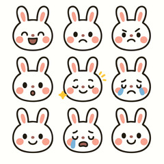 Cute bunny faces express range of emotions including happiness, sadness, surprise, and anger, perfect for conveying feelings during Easter celebrations. These adorable characters add joy to any