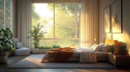 A serene bedroom bathed in natural light, featuring plants, a cozy bed, and large windows with a view of greenery outside.