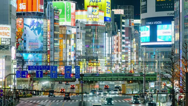SHINJUKU,TOKYO,JAPAN : FEB 2025 : Aerial high angle view of crowd of people at zebra crossing near Kabukicho downtown area. Buildings, train and street traffic. Japanese urban city life at night.