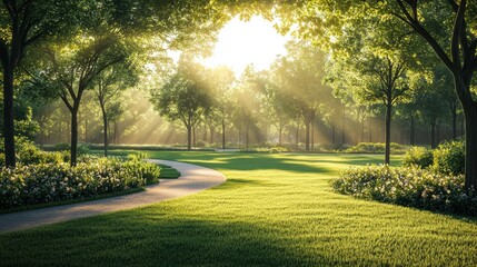 Obraz premium A serene park scene bathed in sunlight, featuring lush greenery, trees, and a winding path, creating a peaceful atmosphere.