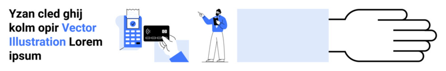 Payment terminal with card, smartphone, businessperson, and abstract hand highlight transaction. Ideal for finance, technology, business negotiation, security, teamwork process automation simple