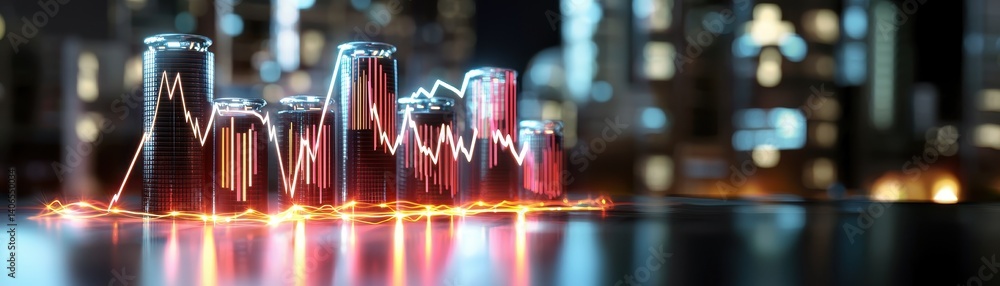 Aufkleber a vibrant digital skyline with illuminated graphs and cityscape, symbolizing data trends and technol