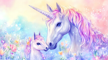 Magical Bond Watercolor Unicorn Mother and Baby for Mother’s Day,Generative Ai