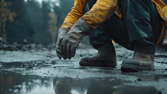 Concrete worker smoothing the surface of a newly poured foundation. Featuring foundation work