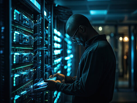 A focused IT professional works on server hardware within a dark, technologically advanced server room. - Powered by Adobe