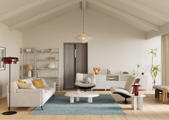 Bright, inviting living room with high ceilings, soft lighting, and comfy furniture, 3d rendering