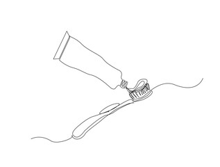 Obraz premium Continuous line art drawing of toothbrush and toothpaste . Dental toothbrush in line art drawing vector illustration. Editable stroke.