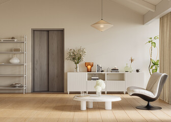 Bright, inviting living room with high ceilings, soft lighting, and comfy furniture, 3d rendering