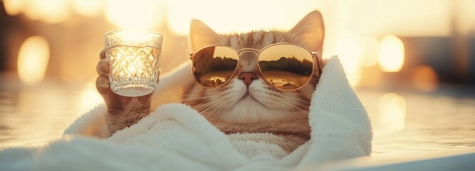 A stylish cat with golden sunglasses lounges in a cozy towel, holding a glass of refreshing drink as the sun sets. The tranquil atmosphere adds to the charming vibe of the moment